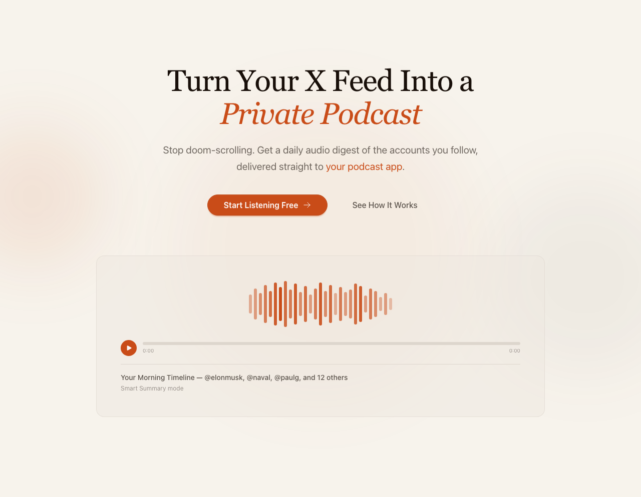 ListenToX — Turn your X feed into a private podcast